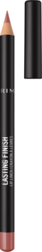 Beżowa konturówka Rimmel Lasting Finish, pionowo, ze spiczastą końcówką i czarną, zdjętą skuwką, na złotym tle.