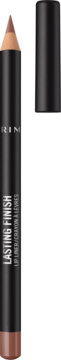 Rimmel Lasting Finish konturówka do ust w kolorze nude, z czarną obudową i zdjętą skuwką na fioletowym tle.