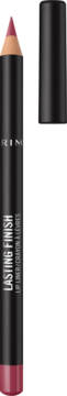 Precyzyjna konturówka Rimmel Lasting Finish w kolorze ciemnej fuksji, z otwartą skuwką, na złotym tle.
