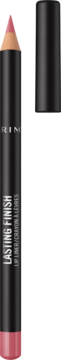 Rimmel Lasting Finish różowa kredka do ust, czarny korpus, odsłonięta końcówka, na złotym tle.