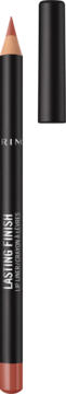Rimmel Lasting Finish, czarna konturówka do ust w odcieniu brzoskwiniowego nude, ze zdjętą skuwką, na złotym tle.