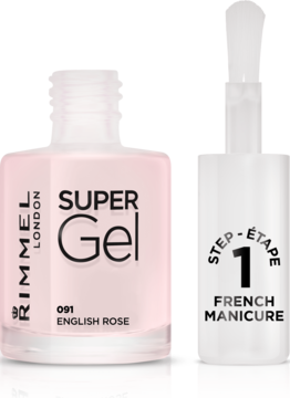 Bladoróżowy lakier Rimmel Super Gel 091 English Rose z połyskiem i butelka 'French Manicure', widok z przodu.