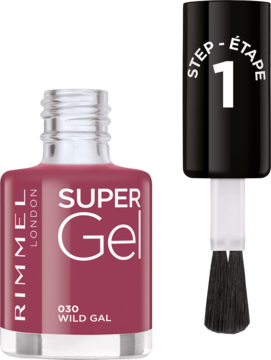Rimmel Super Gel, żelu lakier do paznokci 030 Wild Gal, butelka obok czarnego pędzelka "Step 1".