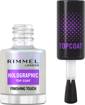 Perłowy top coat Rimmel Holographic w otwartej butelce z pędzelkiem, obok zbliżenie korka z holograficznym wzorem.