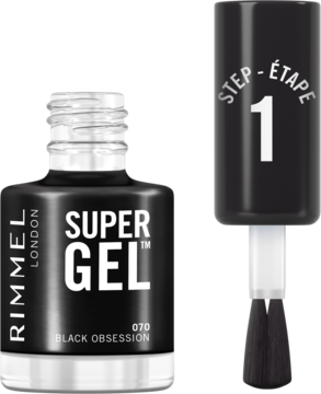 Czarny lakier Rimmel Super Gel 070 Black Obsession do żelowego manicure, butelka i aplikator Step 1.