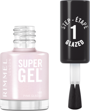 Różowy lakier Rimmel Super Gel 100 Pink Glazed i czarny aplikator z pędzelkiem STEP 1, obok siebie.