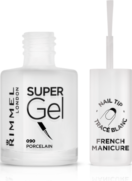 Rimmel Super Gel 090 Porcelain, biały lakier żelowy i pędzelek French Manicure, widok z przodu na jasnym tle.