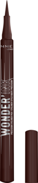 Ciemnobrązowy, matowy eyeliner Rimmel Wonder'Ink Precision Pen, z widocznym napisem, skuwka obok, na czarnym tle.