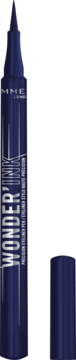 Ciemnoniebieski eyeliner Rimmel Wonder'Ink w pisaku z odkrytą końcówką i odłożoną skuwką, widok z przodu.
