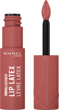 Rimmel Thrill Seeker Lip Latex, płynna szminka w kolorze nude z lateksowym połyskiem, otwarte, widoczny aplikator.