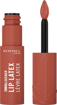 Rimmel Thrill Seeker Lip Latex, szminka w płynie, odcień terakoty. Otwarty flakon z aplikatorem w kształcie diamentu.