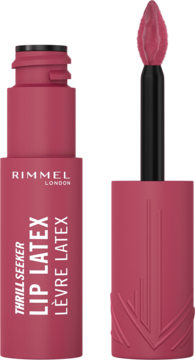 Otwarta szminka Rimmel Thrill Seeker Lip Latex w kolorze malinowego różu, z wysuniętym precyzyjnym aplikatorem.