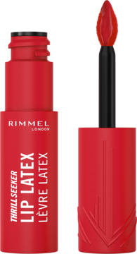 Rimmel Thrill Seeker Lip Latex, czerwona szminka w płynie o lateksowym blasku, z aplikatorem.