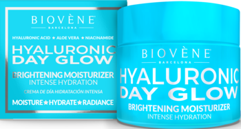Jasnoniebieski krem Biovène Hyaluronic Day Glow z pudełkiem, widok z przodu, intensywnie nawilżający.