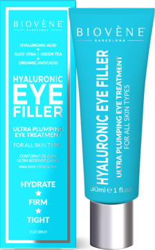 Biovène Hyaluronic Eye Filler, turkusowa tubka obok pudełka, ultra plumping eye treatment.