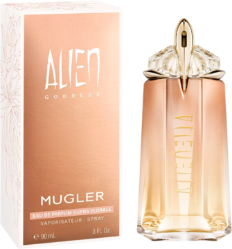 Mugler Alien Goddess Supra Florale, woda perfumowana, złota butelka z ozdobnym korkiem, obok pudełko, widok z przodu.