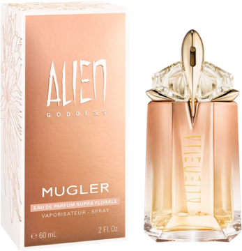 Alien Goddess Supra Florale Mugler EDP. Złoto-brzoskwiniowe pudełko i butelka obok siebie. Butelka ma złoty, rzeźbiony korek.