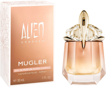 Mugler Alien Goddess Supra Florale woda perfumowana: złota butelka perfum i różowe pudełko, widok z przodu.