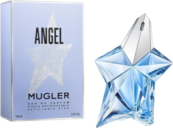 Woda perfumowana Angel Mugler w jasnoniebieskim pudełku i charakterystycznym flakonie w kształcie gwiazdy, widok z przodu.