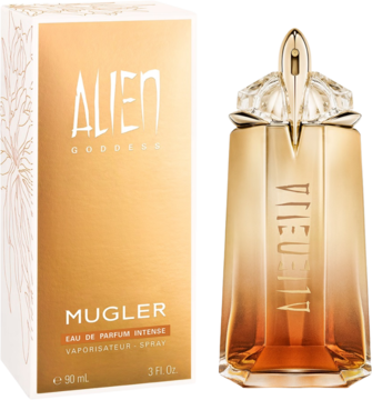 Woda perfumowana Alien Goddess Intense. Złoto-bursztynowa butelka i pudełko Mugler z kwiatowym akcentem, widok z przodu.