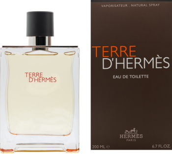 Terre d'Hermès Eau de Toilette, butelka z jasnym płynem i brązowe pudełko prezentowane obok siebie.