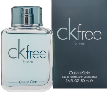 Calvin Klein CK Free for men woda toaletowa, flakon i opakowanie w odcieniach błękitu, widok z przodu.