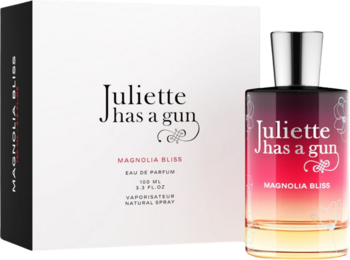 Juliette Has a Gun Magnolia Bliss EDP, butelka z różowo-pomarańczowym gradientem obok białego pudełka produktu.