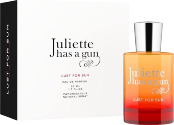 Juliette Has a Gun Lust for Sun EDP 50ml, butelka z gradientem żółto-czerwonym i białe opakowanie, widok z przodu.