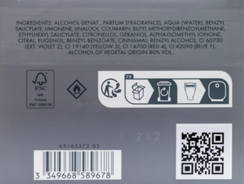 Tył opakowania Paco Rabanne Invictus: szare pudełko, składniki, symbole recyklingu, kod kreskowy i QR.
