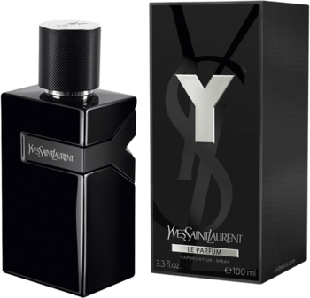 Yves Saint Laurent Y Le Parfum, czarna butelka z geometrycznym kształtem Y i dopasowane pudełko z logo, widok z przodu.
