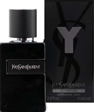 YSL Y Le Parfum, czarna butelka perfum z srebrnym korkiem i pudełko z logo Y, widok z przodu.