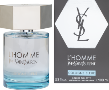 L'Homme Cologne Bleue YSL woda toaletowa, jasnoniebieska butelka i ciemne pudełko, widok z przodu.