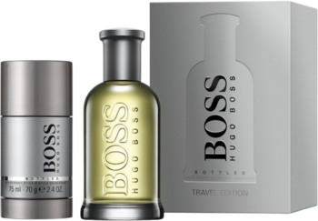Zestaw prezentowy Hugo Boss Bottled: złota woda toaletowa, srebrny dezodorant i szare pudełko z logo BOSS.