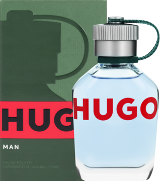 Hugo Man EDT, jasnoniebieska butelka z czerwoną nazwą i zielonym paskiem, obok zielone pudełko perfum.
