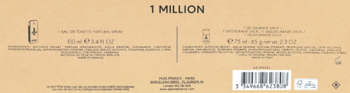 Tył opakowania Paco Rabanne 1 Million zestawu: woda toaletowa 100ml, dezodorant 75ml, kod kreskowy.