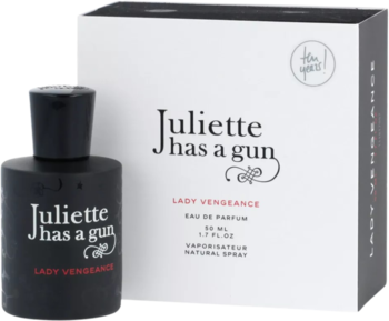 Juliette Has A Gun Lady Vengeance EDP, czarna butelka z białym napisem obok białego pudełka, widok pod kątem.