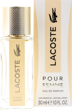 Woda perfumowana Lacoste Pour Femme 30ml, butelka ze złotym korkiem i beżowe opakowanie, widok z przodu.