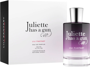 Perfumy Juliette Has A Gun Lily Fantasy: szklana butelka z fioletowym gradientem i białe pudełko, widok z przodu.