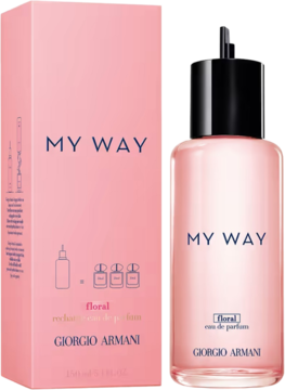 Różowy Giorgio Armani My Way Floral Eau de Parfum Refill 150 ml, pudełko obok butelki z czarnym korkiem.