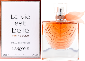 Lancôme La Vie Est Belle Iris Absolu: białe pudełko i bursztynowa butelka z różową kokardą, widok z przodu.