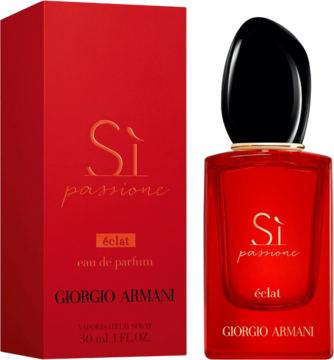 Giorgio Armani Si Passione Éclat eau de parfum w czerwonej, szklanej butelce z czarną nakrętką, stojącej przed pasującym czerwonym pudełkiem.