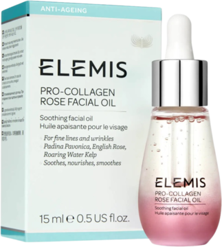 Elemis Pro-Collagen Rose Facial Oil 15ml, różowy olejek w szklanej butelce z pipetą, obok niebieski karton.