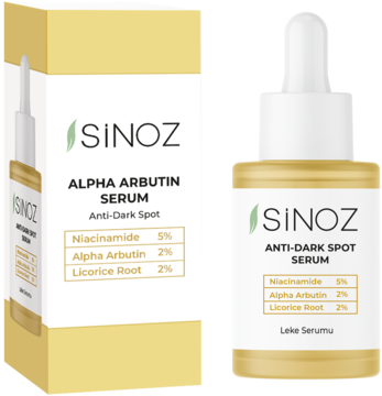 Sinoz Anti-Dark Spot Serum: beżowo-białe pudełko i butelka z pipetą. Zawiera 5% niacynamid, 2% alfa arbutynę.