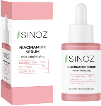 Sinoz Niacinamide Serum 10% z cynkiem. Biała butelka z kroplomierzem obok różowo-białego opakowania.