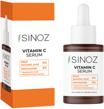 Sinoz Vitamin C Serum z 4% witaminą C, niacynamidem, butelka i białe pudełko, widok pod kątem.