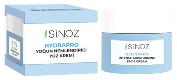 Sinoz Hydrapro Intense Moisturizing Face Cream, jasnoniebieski słoik i kartonik, widok pod lekkim kątem.