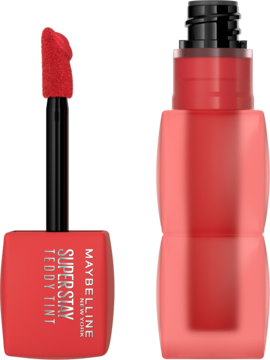 Maybelline Super Stay Teddy Tint w kolorze Coquettish. Czerwony tint z aplikatorem typu doe-foot, widok obok butelki.