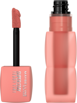 Maybelline Super Stay Teddy Tint, płynny tint do ust w ciepłym odcieniu brzoskwini. Aplikator gąbeczkowy, matowe wykończenie.