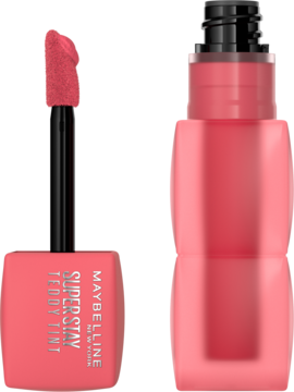 Maybelline Super Stay Teddy Tint Petalcore, matowy tint do ust, koralowe opakowanie, aplikator z gąbeczką.