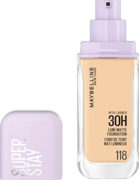 Beżowy podkład Maybelline Super Stay Lumi-Matte 30H w szklanej butelce z fioletową pompką, obok fioletowa nakrętka.